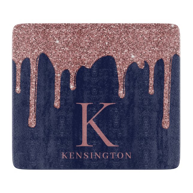 Navy Blue Rose Gold Glitter Drips Monogram Cutting Board (Front)