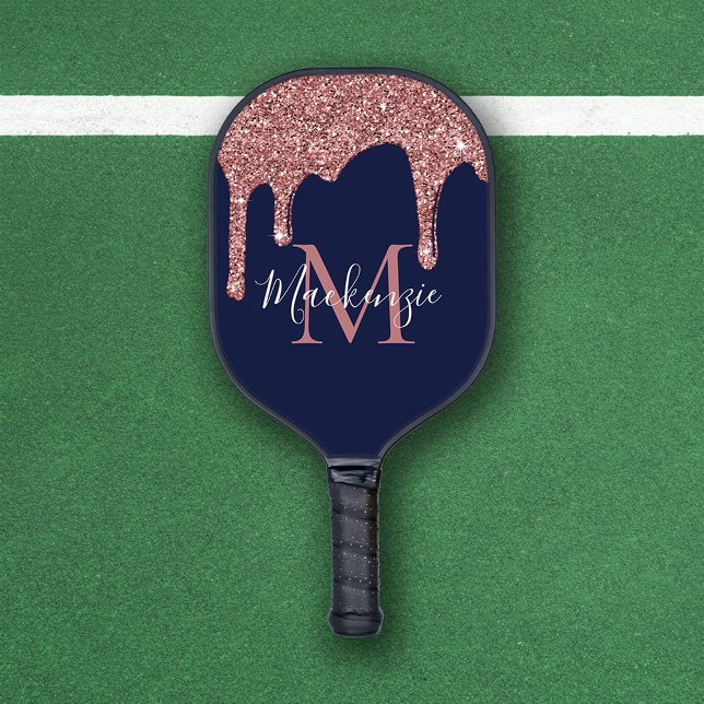 Navy Blue Rose Gold Glitter Drips Monogram Pickleball Paddle (Navy Blue Rose Gold Glitter Drips Monogram Pickleball Paddle)
