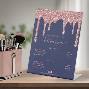 Navy Blue Rose Gold Glitter Drips Price List Pedestal Sign