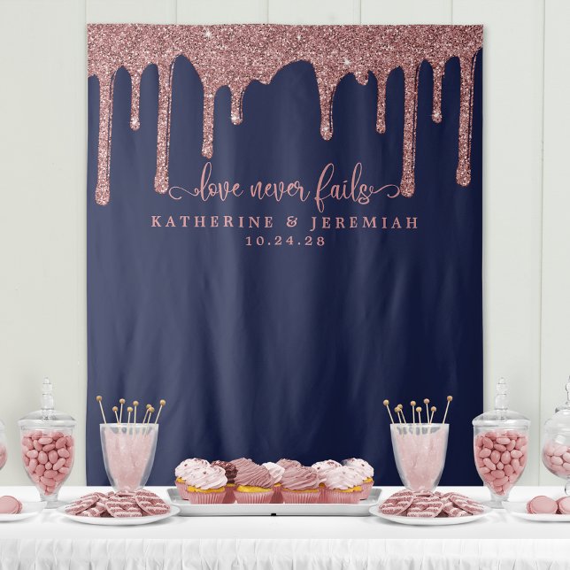 Navy Blue Rose Gold Glitter Drips Wedding Backdrop Tapestry (Creator Uploaded)