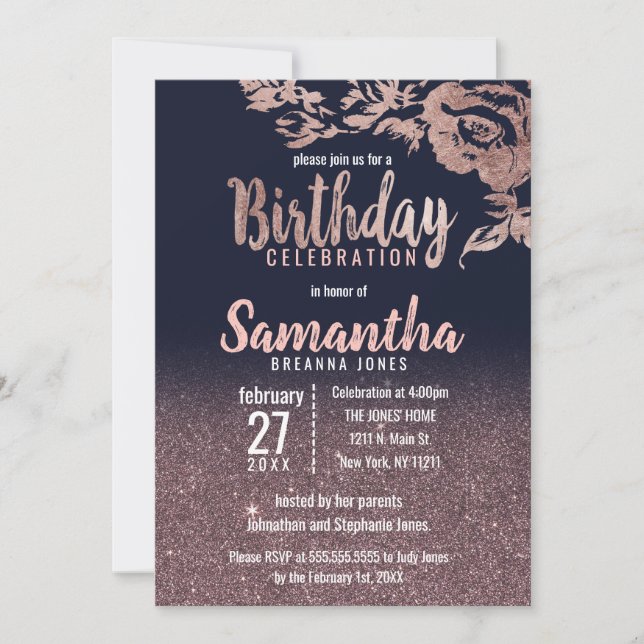 Navy Blue Rose Gold Glitter Floral Birthday Party Invitation (Front)