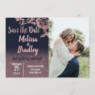 Navy Blue Rose Gold Glitter Floral Save the Date Invitation