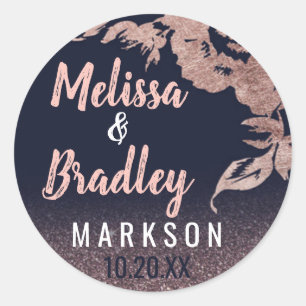 Navy Blue Rose Gold Glitter Floral Wedding Classic Round Sticker