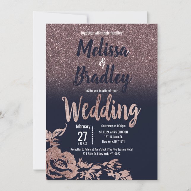 Navy Blue Rose Gold Glitter Floral Wedding Invitation (Front)
