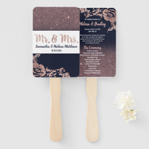 Navy Blue Rose Gold Glitter Floral Wedding Program Hand Fan