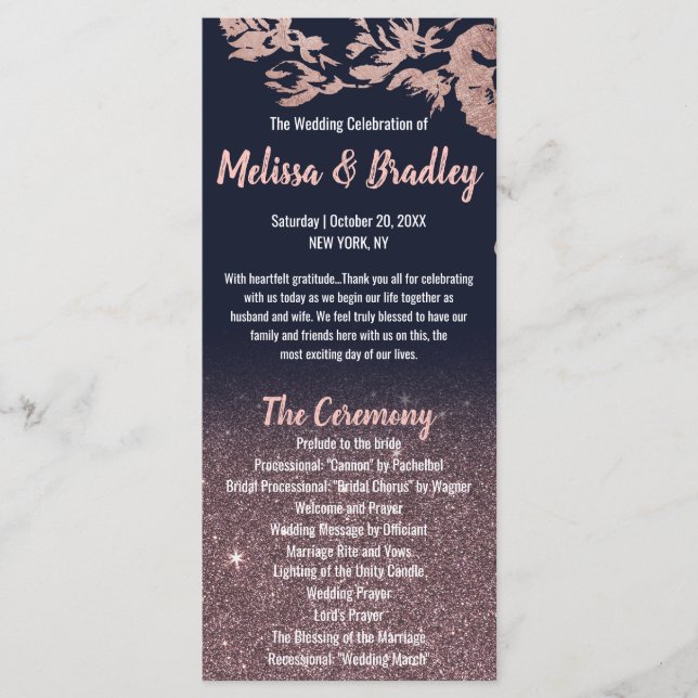Navy Blue Rose Gold Glitter Floral Wedding Program Programme (Front)