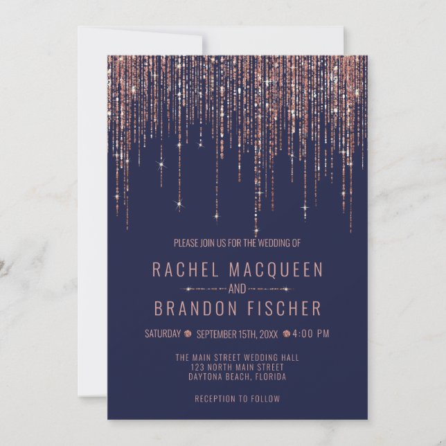 Navy Blue Rose Gold Glitter Fringe Curtain Wedding Invitation (Front)