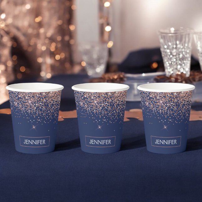 Navy Blue Rose Gold Glitter Monogram Paper Cups (Creator Uploaded)
