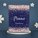 Navy blue rose gold glitter name appointment 2024 planner<br><div class="desc">Navy blue background. Rose gold,  blush faux glitter dust.  Personalise and add a year and name.  White letters.</div>