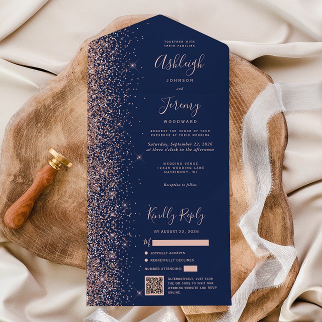 Navy Blue Rose Gold Glitter QR Code Wedding All In One Invitation (Creator Uploaded)