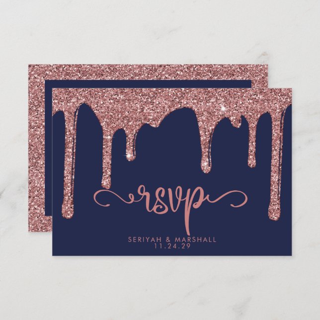 Navy Blue Rose Gold Glitter Sparkle Wedding RSVP Card (Front/Back)