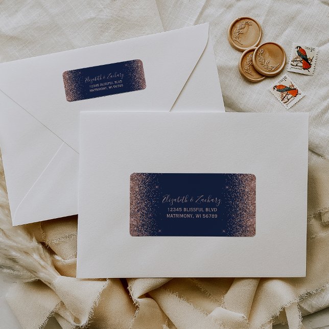 Navy Blue Rose Gold Glitter Wedding Return Address (Creator Uploaded)