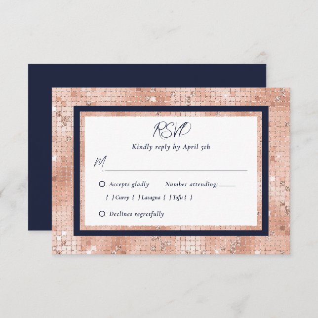 Navy Blue Rose Gold Glitter Wedding RSVP Cards (Front/Back)