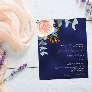 Navy blue rose gold greenery wedding invitation
