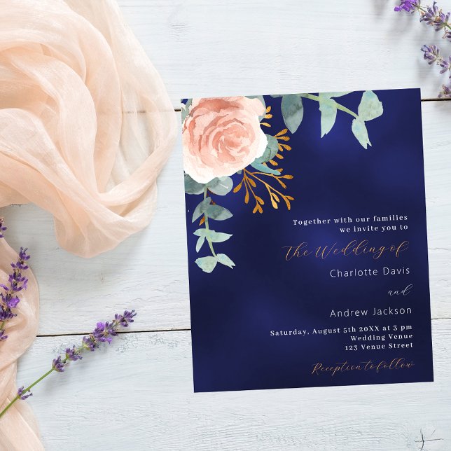 Navy blue rose gold greenery wedding invitation (Creator Uploaded)