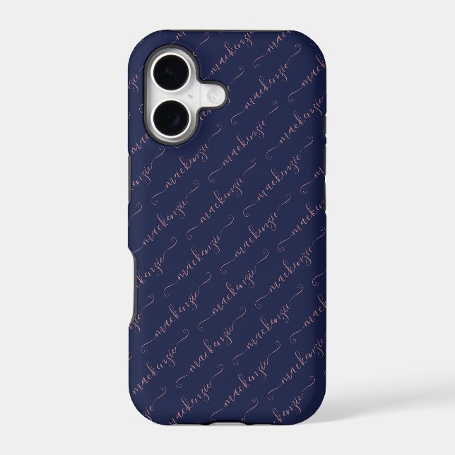 Navy Blue Rose Gold Handwritten Script Name (Back)