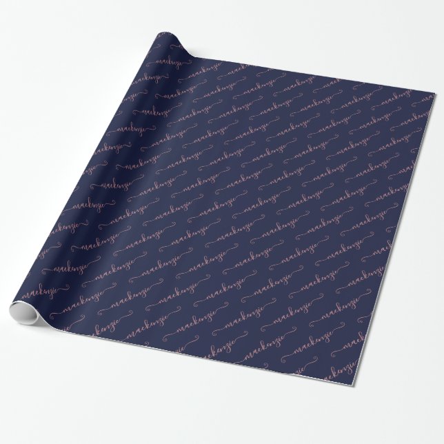 Navy Blue Rose Gold Handwritten Script Name Wrapping Paper (Unrolled)