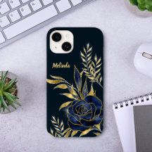 Navy Blue Rose Gold Leaves Monogram