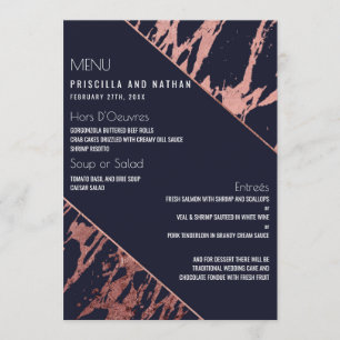 Navy Blue Rose Gold Marble Diagonal Wedding Menu