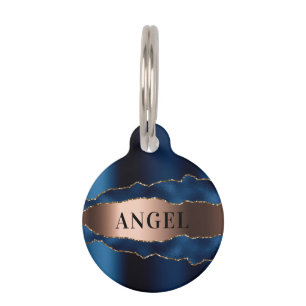Navy blue rose gold metal agate marble name pet tag