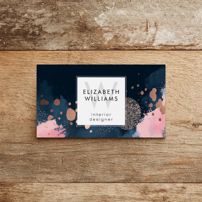 Navy Blue Rose Gold Monogram Business Card (Creator Uploaded)