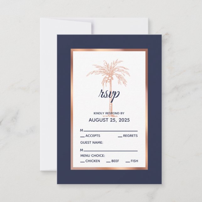 Navy Blue Rose Gold Palm Tree Beach Wedding RSVP Card (Front)