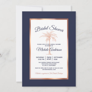 Navy Blue Rose Gold Palm Tree Modern Bridal Shower Invitation