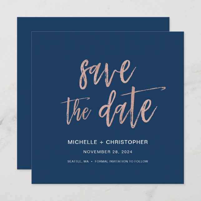Navy Blue & Rose Gold Save The Date Square Card (Front/Back)