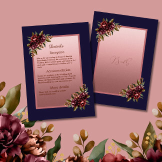 Navy Blue Rose Gold Script Burgundy floral wedding Enclosure Card