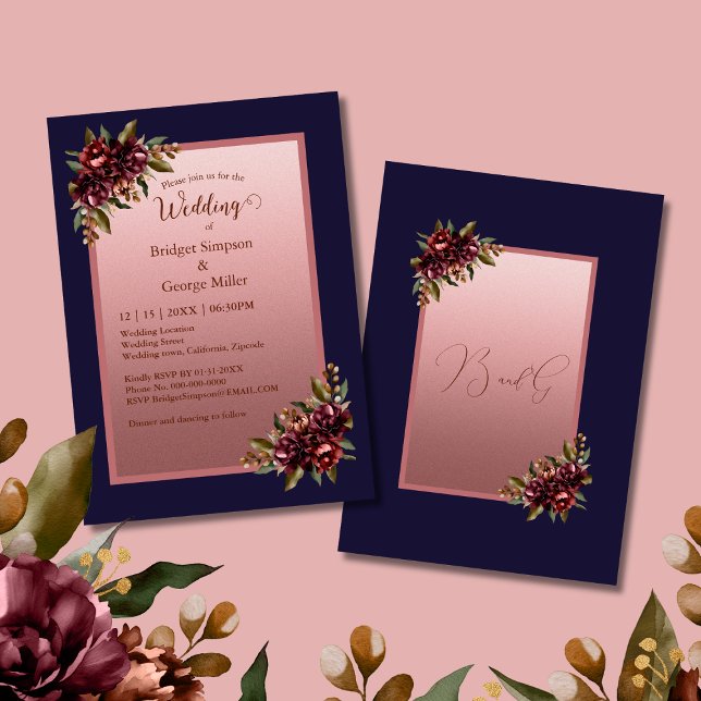 Navy Blue Rose Gold Script Burgundy floral wedding Invitation (Creator Uploaded)