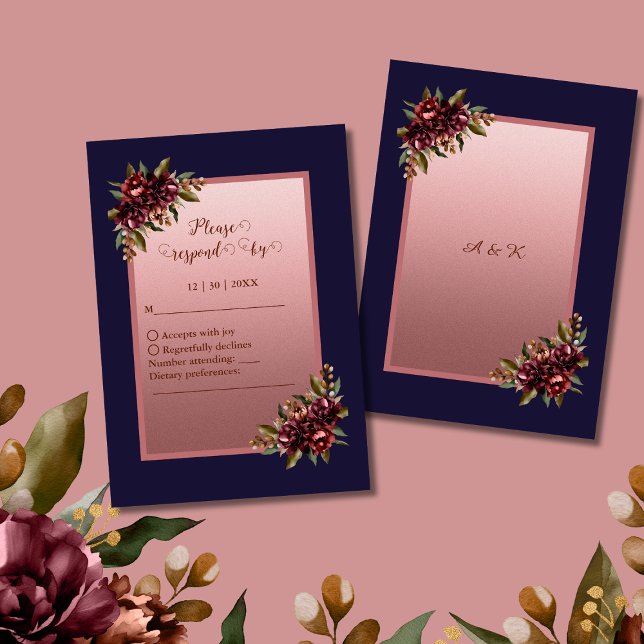 Navy Blue Rose Gold Script Burgundy floral wedding RSVP Card (Creator Uploaded)