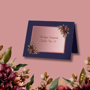 Navy Blue Rose Gold script  pink Floral Guest Card