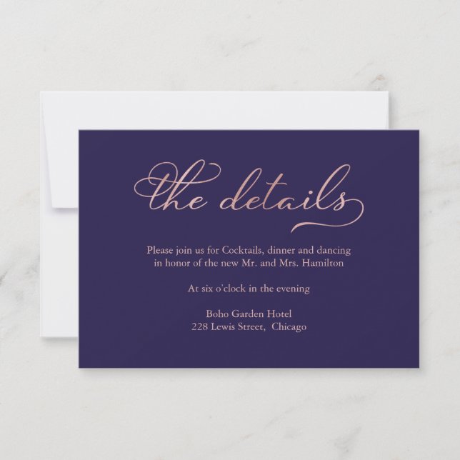 Navy Blue Rose Gold Script Wedding Details Card (Front)