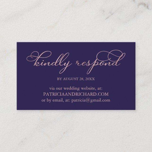 Navy Blue Rose Gold Script Wedding Online RSVP Business Card (Front)