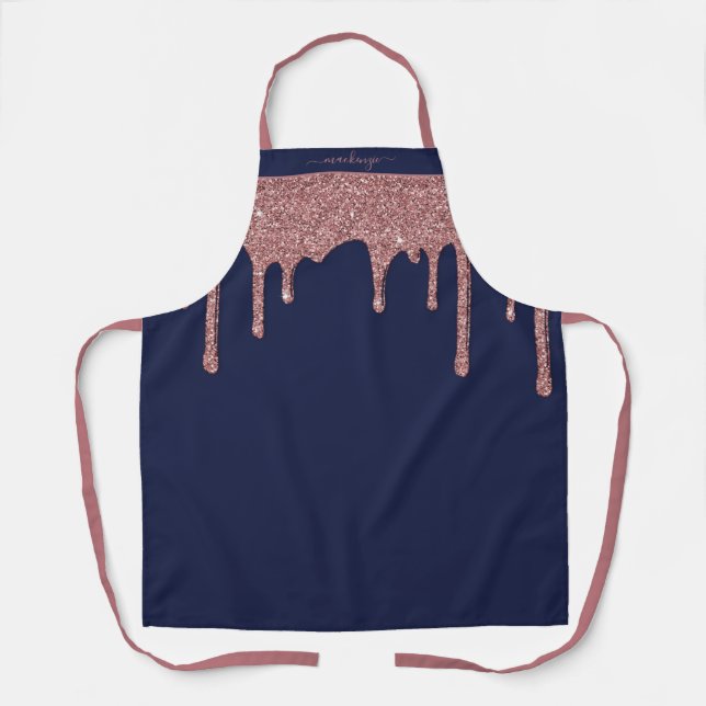 Navy Blue Rose Gold Sparkle Glitter Drips Apron (Front)