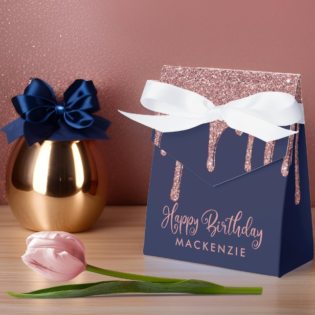 Navy Blue Rose Gold Sparkle Glitter Drips Birthday Favour Box (Navy Blue Rose Gold Sparkle Glitter Drips Birthday Favor Boxes)