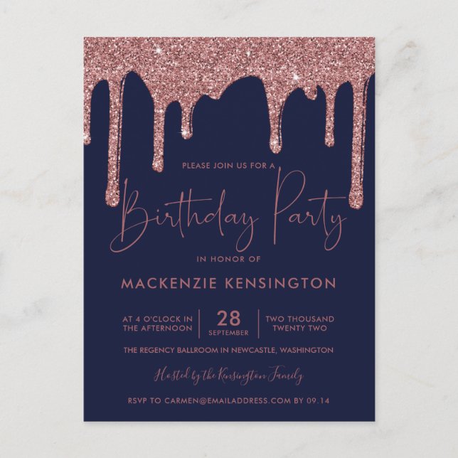 Navy Blue Rose Gold Sparkle Glitter Drips Birthday Postcard (Front)
