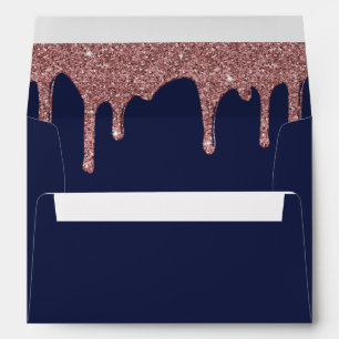 Navy Blue Rose Gold Sparkle Glitter Drips Envelope