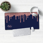 Navy Blue Rose Gold Sparkle Glitter Drips Monogram Desk Mat<br><div class="desc">Girly Navy Blue and Rose Gold Sparkle Glitter Drips Monogram Mouse Pad Desk Mat with our trendy faux glitter drips in blush pink/rose gold on a chic navy blue background. Please contact us at cedarandstring@gmail.com if you need assistance with the design or matching products.</div>