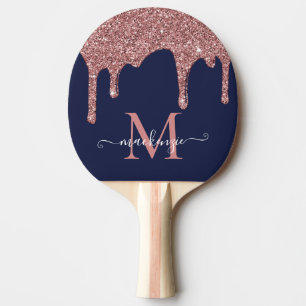 Navy Blue Rose Gold Sparkle Glitter Drips Monogram Ping Pong Paddle