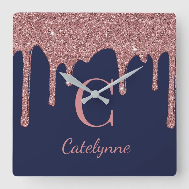 Navy Blue Rose Gold Sparkle Glitter Drips Monogram Square Wall Clock (Front)