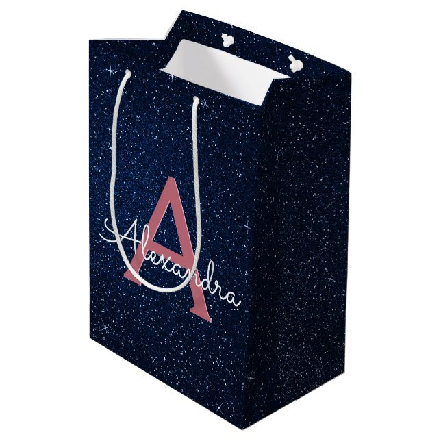 Navy Blue & Rose Gold Sparkle Glitter Monogram Medium Gift Bag (Back Angled)