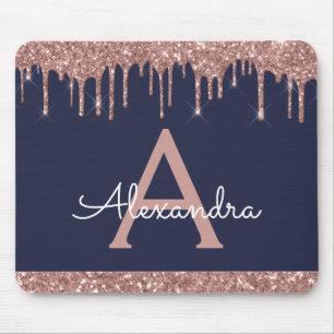 Navy Blue Rose Gold Sparkle Glitter Monogram Mouse Pad