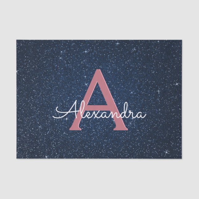 Navy Blue & Rose Gold Sparkle Glitter Monogram Tissue Paper (Front)
