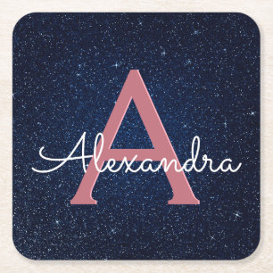 Navy Blue & Rose Gold Sparkle Monogram Initial Square Paper Coaster