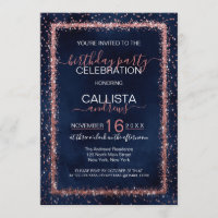 Navy Blue Rose Gold Sprinkled Confetti Birthday