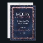 Navy Blue Rose Gold Sprinkled Confetti Christmas Holiday Card<br><div class="desc">The elegant, glamorous, and modern holiday Christmas greeting card is perfect for the contemporary and stylish event. It features a faux printed pink rose gold sparkly glitter sprinkled confetti border on top of an artsy navy blue watercolor background. The back displays the same glitter but sprinkled across the whole page...</div>