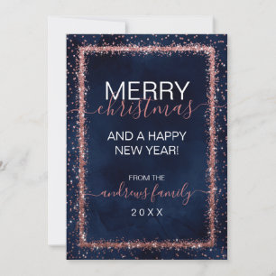 Navy Blue Rose Gold Sprinkled Confetti Christmas Holiday Card