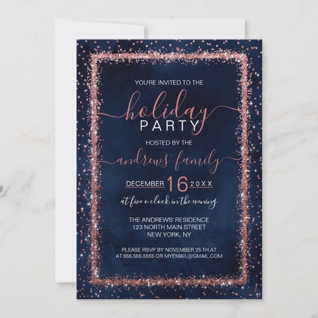 Navy Blue Rose Gold Sprinkled Confetti Christmas Invitation (Front)