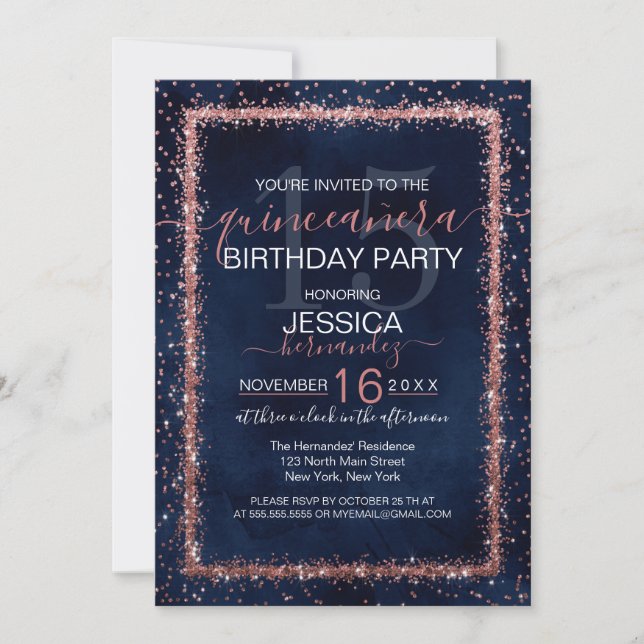 Navy Blue Rose Gold Sprinkled Confetti Quinceañera Invitation (Front)